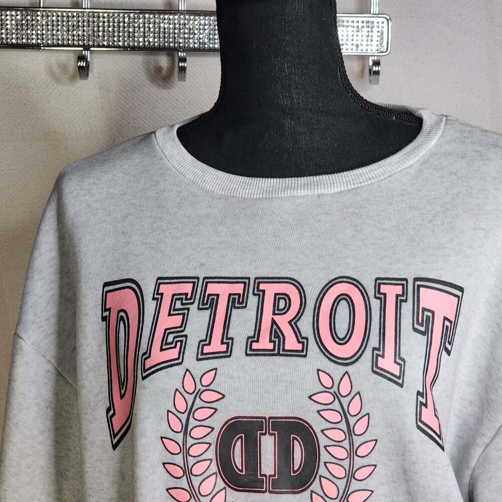 Shein Grey Crewneck with Pink Detroit Graphic Long Sleeve Poly Sweatshirt Sz S - Picture 6 of 16